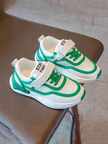 1 Pair Kids' Green & White Contrast Color Print Decor Breathable Mesh Fabric Sneakers, Round Toe Low-Top + Lace-Up Thick Wavy Sole Casual Sports Shoes For Daily, School, Outdoor Play - Green - View 2