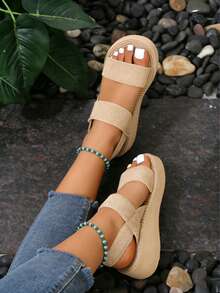 11Platform Sandals For Women - Comfortable Elastic Wedge Heel Slip-Ons, Breathable Wide Straps & Chunky Sole For Height Boost & Slim Look, Versatile Casual Beach Dressy Outfits,Women's Summer Wedge Sandals - Stretchy Adjustable Band Design For Perfect Fit, Thick Sole Lifts & Slims Legs, Easy Match With Dresses/Jeans, Breathable Material For Daily Wear & Vacation,Chunky Platform Beach Sandals Women - Supportive Orthopedic Comfort Straps, Height Increasing Sole, Cute Slimming Visual Effect, Goes Well With Skirts/Shorts, Lightweight & Stable,Women's Fashion Thick Bottom Sandals - Elastic Webbing Adapts To All Foot Shapes, No Blisters Or Tightness, Stylish Lift & Elongate Legs, Perfect For Street Style, Holiday, Pair With Denim/Dresses,Breathable Wide Band Wedge Sandals - Women's Comfortable Slip-On Design For Wide Feet, Versatile Wear With Outfits, Quality Textured Material & Secure Footbed, Ideal Summer Walking Shoes - 米色 - 查看 4