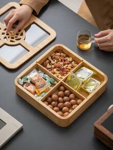 1pc Wooden Tray With Dust Cover, Divided Storage Round Service Platter, Cafe Dessert Tray, Storage Dish, Cake And Snack Plate - Multicolor - View 7