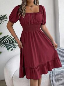 Women's Spring Summer Casual Ditsy Floral Print Dress Short Puff Sleeve Drawstring Waist Flowy A-Line Midi Dress Boho Beach Vacation Holiday Outfit - Burgundy - View 1