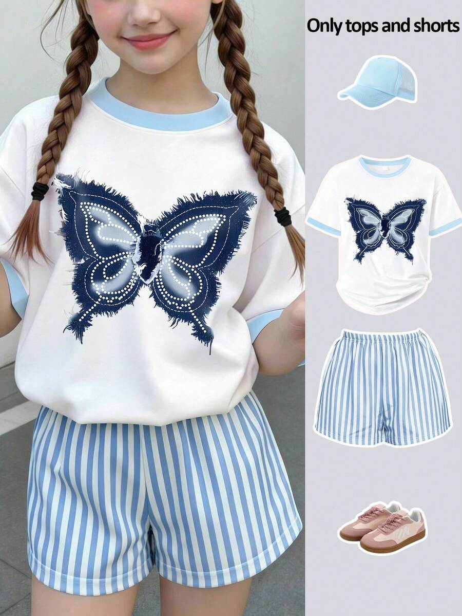 2 pièces/set Tenue avec motif papillon mignon pour adolescentes, t-shirt à manches évasées et shorts rayés, tissu doux et confortable pour un port quotidien - Bleu azur - Voir 1