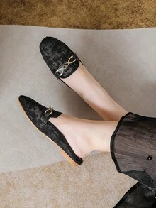 女款包頭半拖鞋 隨機時尚扣飾 鬆弛感一腳蹬涼鞋 適合海灘、度假、派對、辦公室，春夏季秋季百搭 - 黑色 - 查看 4