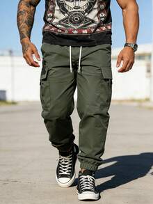 Plus Size Men's Casual Cargo Pants, Drawstring Waist Multi-Pocket Outdoor Sports Pants Fall - Olive Green - View 4