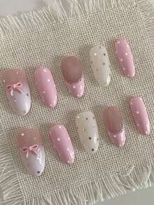 10pcs Handmade Almond-Shaped Nail Stickers, Pink & White With 3D Bow And Dotted Patterns, Cute & Fashionable, Suitable For Spring, Summer, Autumn, Winter, Holidays And Daily Use - Baby Pink - View 2