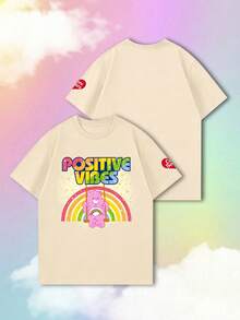 SHEIN | Care Bears 夏季女款短袖经典卡通彩虹摇摆粉红熊积极标语图案T恤，融合甜美酷炫的电子女孩风格和美式风格 - 杏色 - 查看 2