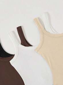 BASICS 4pcs/Set Women Solid Color Knit Bodysuit, Casual Style Brown/Summer - Nhiều màu - Xem 8