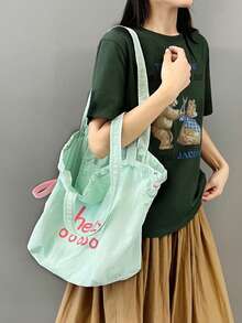 Bolsa de lona con cordón roja, popular en primavera/verano, bolso de mano grande de gran capacidad para ir al trabajo y a la escuela para mujeres, bolso casual con estampado de letras enérgico - Verde - Ver 5