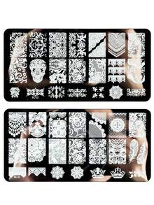 2 Pieces Set Of Elegant Lace Nail Print Board, Including Lace Lace, Crown, Floral Pattern Nail Template, Stainless Steel Nail Hot Stamping Board, DIY Nail Tools - Silver - View 11