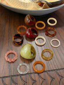 CHOSHILAR 14pcs Transparent Resin Asymmetrical Shaped Ring Set, Personalized Gradient Floral Pattern Rings (Note: Due To The Handmade Gradient Dyeing Process, Each Ring's Pattern Is Unique, And There May Be Some Color Variations Between Batches) - Color 3 - View 4