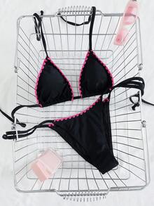 女士純色加固縫線掛脖綁帶式兩件式泳衣，性感高端簡約女孩風休閒款，適合海灘度假、旅行派對與夏季 - 黑色玫紅芽 - 查看 2