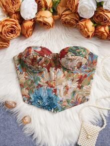 New Street Style French Palace Strapless Crop Top, Women's Jungle Print Bustier Corset With Steel Boning Waist Cincher - Multicolor - View 7