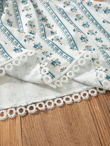 Girls Casual Floral Print Dress With Ruffle Collar, Princess Sleeves And Keyhole Back Design, Knee-Length, Summer - White - View 9