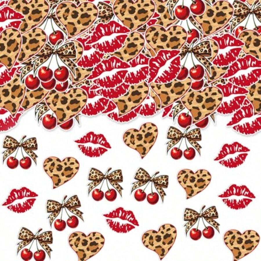 MRed And Cheetah Party Decorations - 200 Pcs Cheetah And Cherry Confetti For Birthday Decorations Bow Leopard Table Confetti Bachelorette Engagement Wedding Party PliesN - Đỏ và Báo đốm - Xem 1
