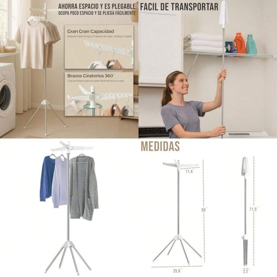 Timotech Escurridor de Ropa Plegable Tendedero Plegable Ropa Tendedero Portátil Estante de Secado de Ropa Acero Inoxidable de 150 cm con 3 Brazos Giratorios para Perchas 4 Patas para 27 Piezas - Blanco / Plateado - Ver 1