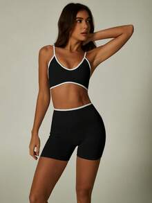 UONNOU 2pcs Sports Set, Including Sports Bra And High Waist Shorts With Contrast Color Trim - Black - View 3