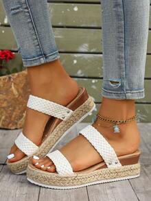 White Woven Double-Strap Thick-Soled Slide Sandals For Women, Summer Straw Platform Wedge Slippers - 白色 - 查看 2