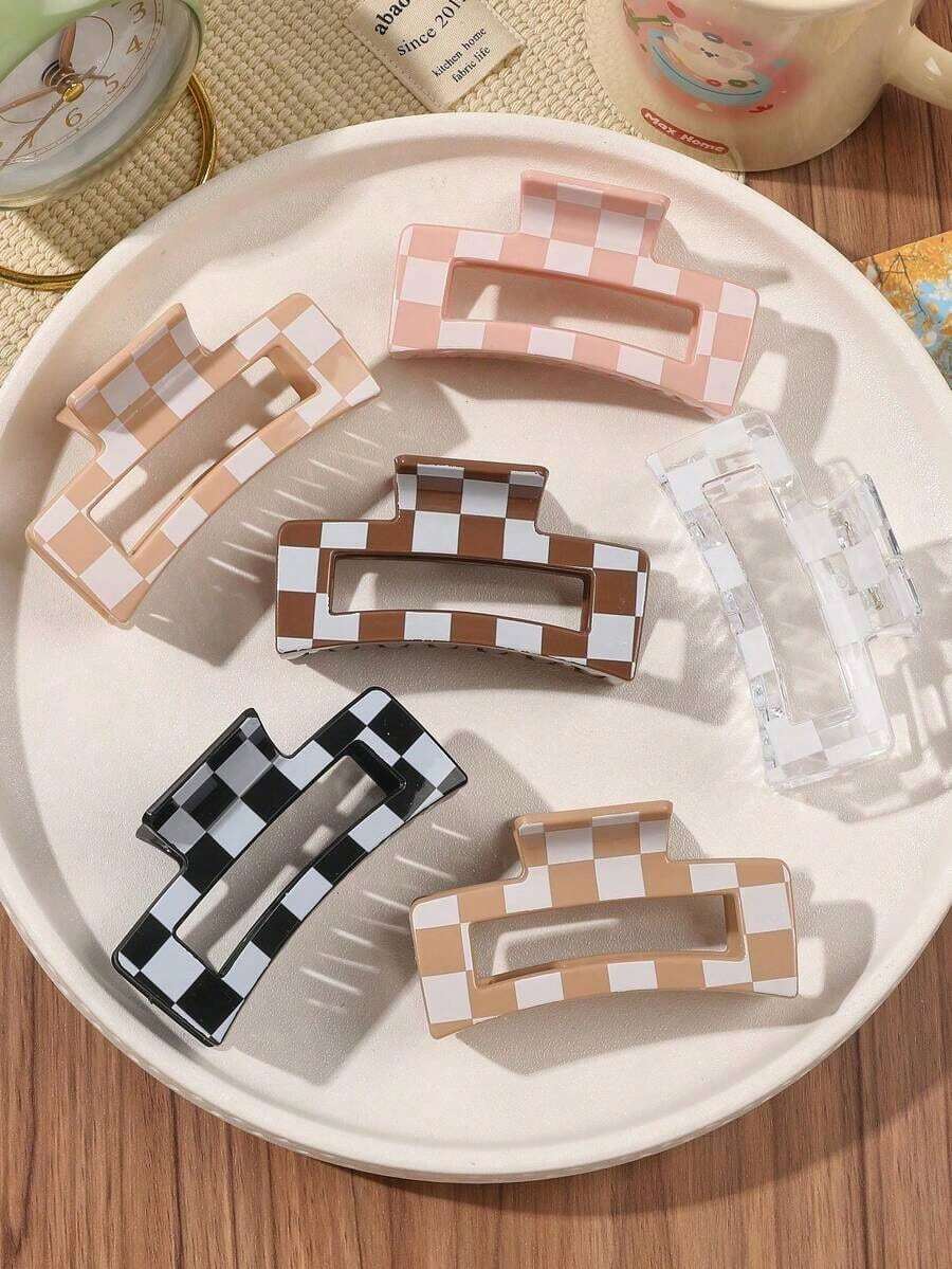 6pcs Checkerboard & Checkered Pattern Hair Claw Clips, Medium Size, Bohemian Style For Beach, Vacation Fall Winter Hair Clip Hair Accessories For Women Elegant Hair Clutch Flower Hair Clip Summer - 多色 10 - 查看 1