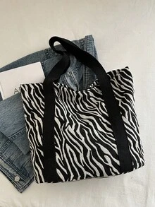 Fashionable Versatile Zebra Print Tote Bag, Casual Minimalist Textured Contrast Color Shoulder Handbag - Black and White - View 6