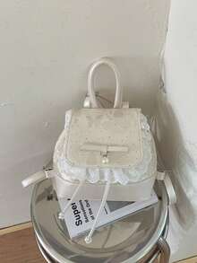 Cute Bow Lace Strap Girly Feeling Backpack, Elegant Small Backpack - Beige - View 3