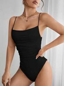 Women's Summer Bodysuit, Thin Straps With Ruched Side Details - màu đen - Xem 6