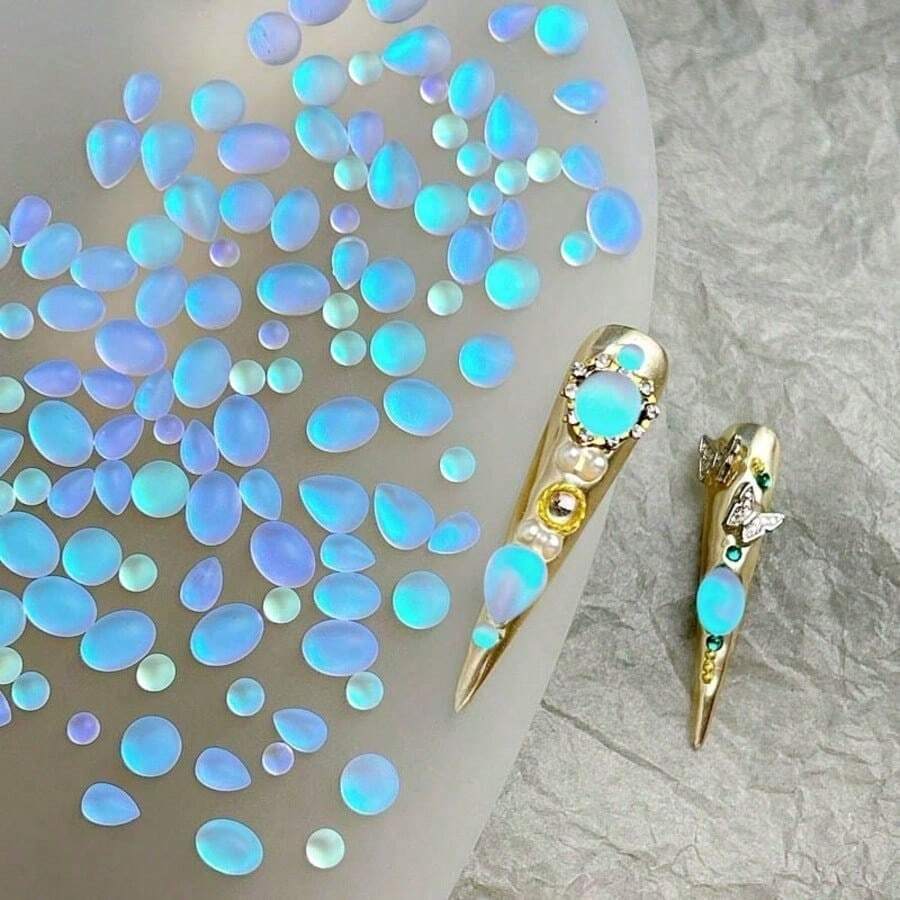 30Pcs/Bag Random Mixed Blue Tears Matte Frosted Nail  Art Decorations,Cat Eye Teardrop Oval Asymmetrical Shape Flat Bottom Rhinestones ,Nail Art Decorations Nail Supplies Nails Nail Charms Nail Gems - 藍色 - 查看 1