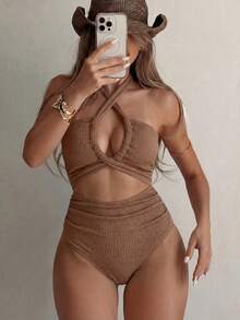 2026新款时尚镂空项链连体泳衣，女士度假沙滩夏季必备 - 卡其色 - 查看 3