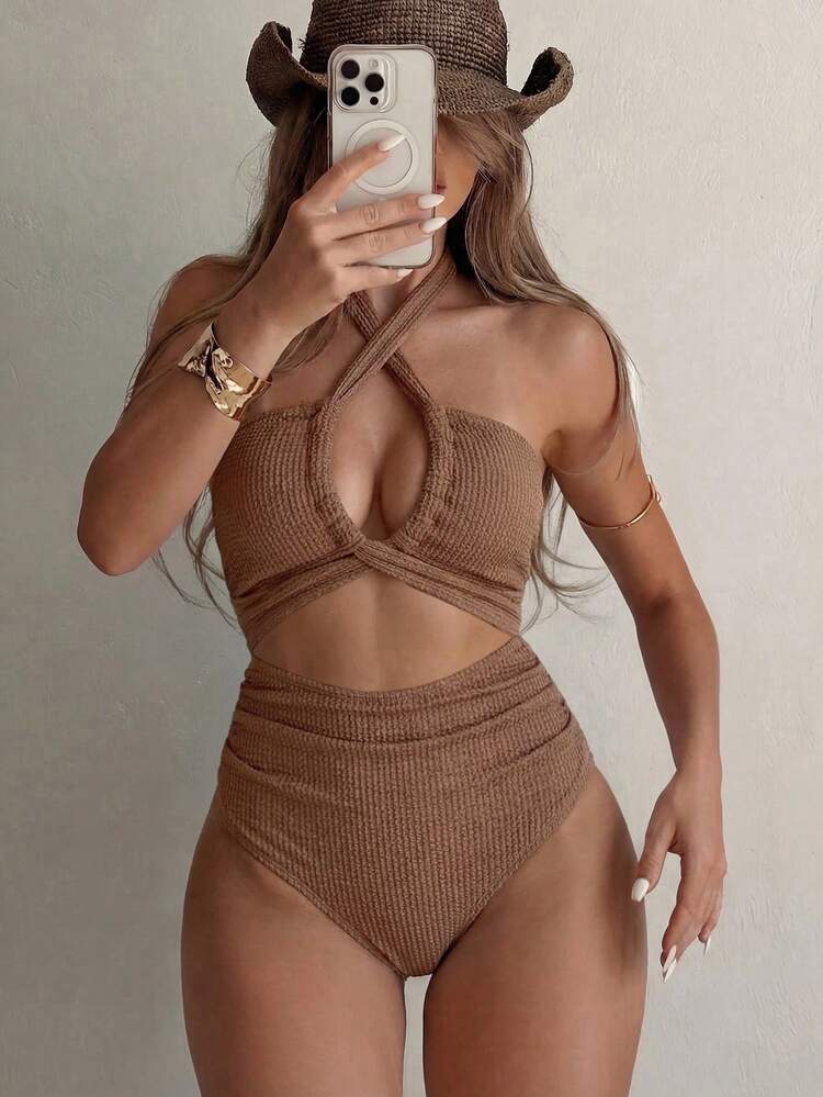 Traje de baño de una pieza con diseño hueco de moda nueva 2026 para vacaciones en la playa en verano - Caqui - Añade 3