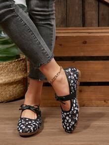 黑色圆头平底鞋，蝴蝶结系带网眼套脚鞋，法式乐福鞋，女士春秋新款休闲优雅通勤办公简约鞋 - 黑色 - 查看 4