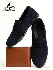 Salkin 设计师款男士休闲乐福鞋，纯色仿麂皮绒面革，柔软舒适，防滑耐磨，适合休闲、商务、派对、婚礼等多种场合，春夏秋季均可穿着。尺码齐全，建议选购大一码。 - 藏蓝色 - 查看 2