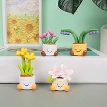 4 Styles Cartoon Potted Plant Car Decor, Slip-Resistant Base Design, Dual Use For Car Interior & Desktop, Universal Fit - Cartoon Bonsai - View 4