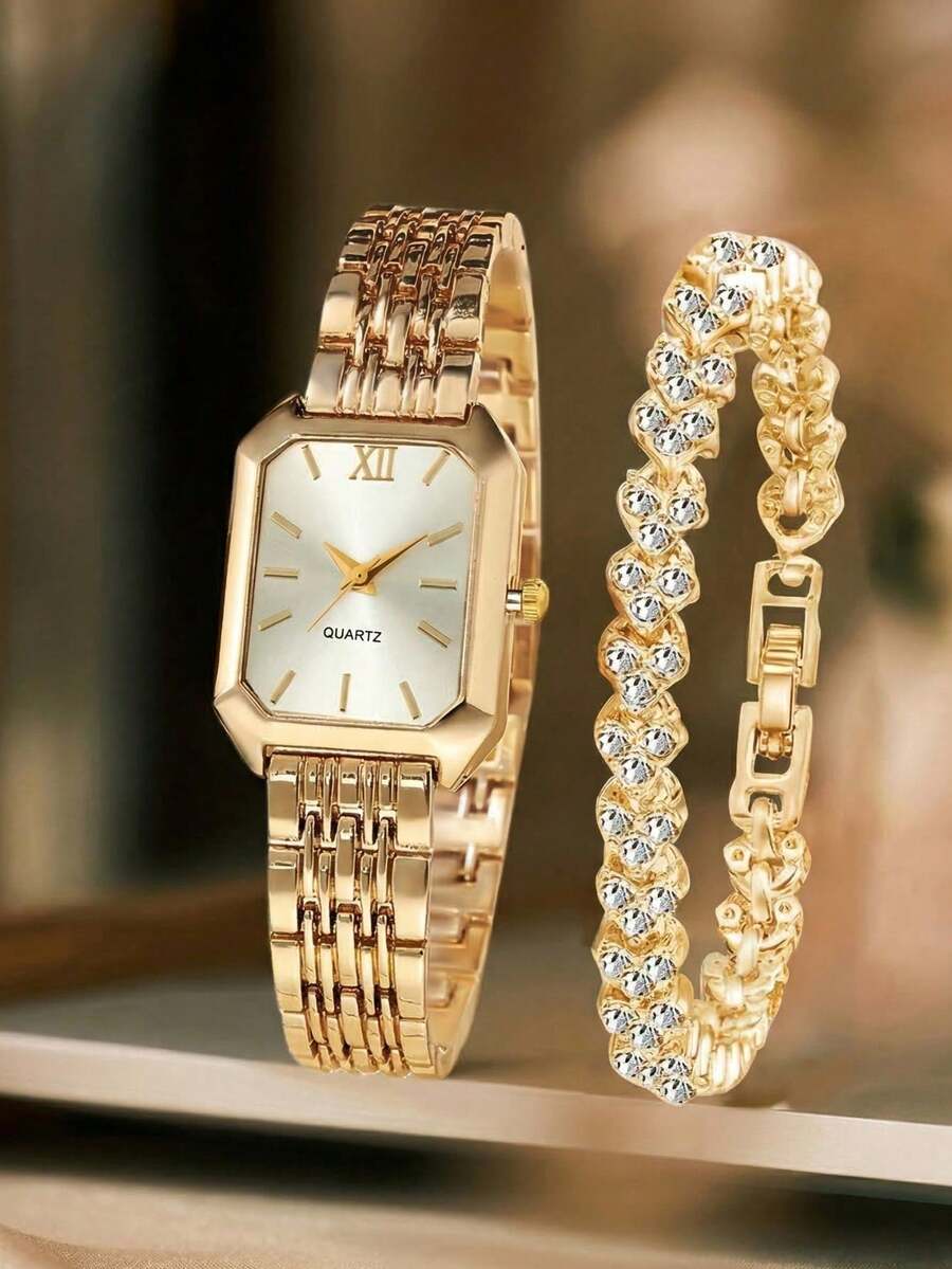 Bộ 2 chiếc đồng hồ nữ thanh lịch, đồng hồ thạch anh mặt vuông, dây đeo bằng thép không gỉ, vòng tay hợp kim đính đá, thích hợp đeo hàng ngày, đi chơi, dự tiệc, lễ hội, sinh nhật, các sự kiện buổi tối, hoặc làm quà tặng ngày lễ/Ngày của Mẹ. - Vàng - Xem 1
