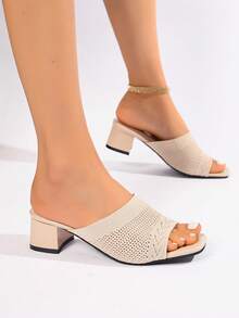 2026新款女士粗跟高跟凉鞋，春夏新款，黑色、米色、蓝色网面粗跟穆勒鞋，适合通勤和日常穿着 - 米色 - 查看 6