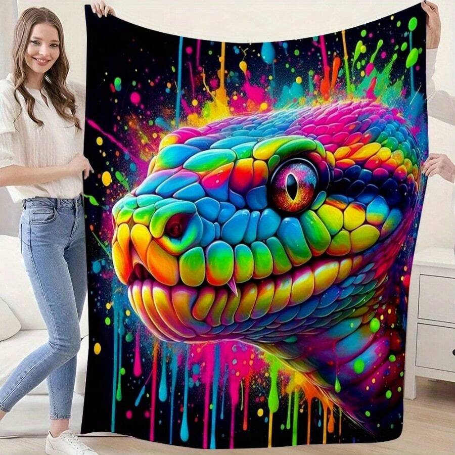 Flannel Blanket With Snake Head Pattern, Hypoallergenic Fabric, Digital Print, Suitable For All Seasons, Versatile And Stylish Design. Perfect Gift For Birthdays, Christmas, New Year's Day, Ideal For Beds, Sofas, Camping, Travel, Cars, Or Room Decoration-Ideal For Girls, Boys, And Adults - White - View 1