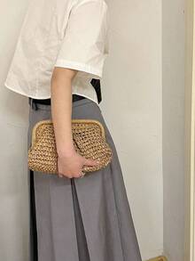Women's Beige Straw Woven Frame Clutch Bag, Boho Raffia Handbag, Casual Beach & Vacation Purse For Summer - 卡其色 - 查看 4