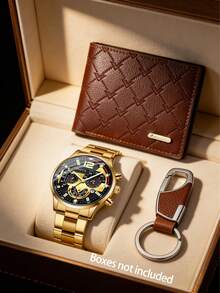 3pcs Casual Fashion Quartz Watch, Brown PU Leather Wallet And Keychain Set For Teenage Boys (No Gift Box), One Size Fits All, With Calendar, Suitable For Casual, Daily, Holiday And Various Occasions - Gold - View 4