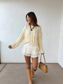 2026 Damen Frühling/Herbst eleganter einfarbiger minimalistischer strukturierter Strickpullover, lässiger Langarm-Pullover mit einzigartigem Hohlmuster-Design, geeignet für den täglichen Gebrauch, Outdoor, Zuhause und modische Anlässe - blassgelb - Übersicht 6