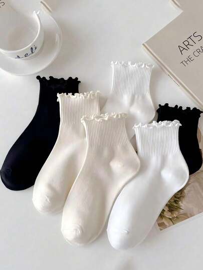 6 Pairs Cute Rolled Cuff Socks, Fresh Ruffle Edge Socks For Women