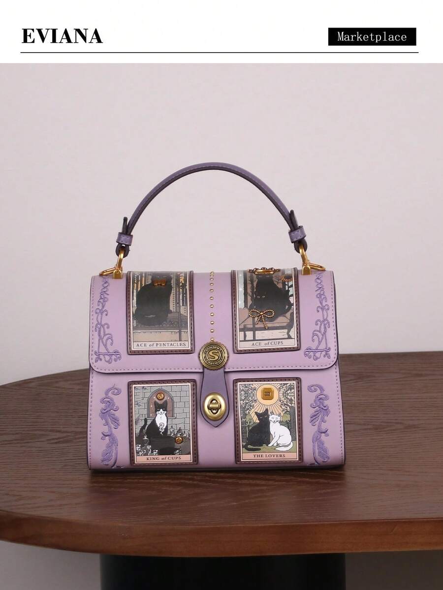2026 Nuova borsa da donna di alta moda, borsa Boston cuscino vintage Y2K di lusso con carta dei tarocchi, borsa da medico con motivo gatto carino, borsa rotonda di grande capacità con forma unica rosa e viola, borsa a mano, a spalla e a tracolla personalizzata in stile street in PU - Multicolore - Visualizzare 1