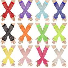 2 đôi găng tay lưới hở ngón phong cách punk đường phố neon thập niên 1980 dành cho nữ, đính đá lấp lánh, thích hợp cho tiệc Halloween, lễ hội Carnival hoặc quà tặng Ngày của Mẹ. - Nhiều màu - Xem 2