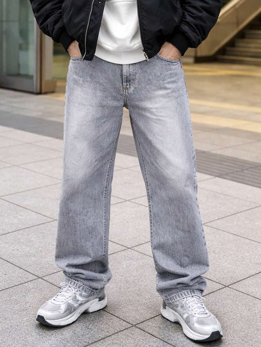 Men's Oversized Wide Leg Balloon Jeans Without Elastane - Gris Claro - Ver 1
