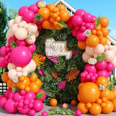 Bộ 124 bóng bay trang trí chủ đề nhiệt đới, bao gồm bóng bay cao su màu hồng đậm, cam và trắng cát. Hoàn hảo cho các bữa tiệc sinh nhật, tiệc mừng em bé, tiệc ngoài trời, tiệc Luo, tiệc bãi biển, tiệc Aloha, tiệc nhiệt đới Hawaii và trang trí tiệc theo chủ đề chim hồng hạc.