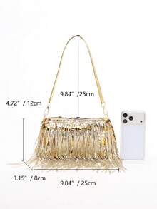 1pc Gold Sequin Blingy Metallic PVC Sequin Tassel Underarm Bag, Personalized Baguette Bag Suitable For Socialite Party And Banquet Atmosphere - Gold - View 2