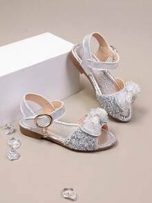 2026 New Girls' Soft Bottom Princess Sandals, Single Strap Design, Pearl Embellished Bow PU Material, Flat Shoes, Open Toe Sandals, Suitable For Daily Outings/Birthday Parties - Silver - View 6