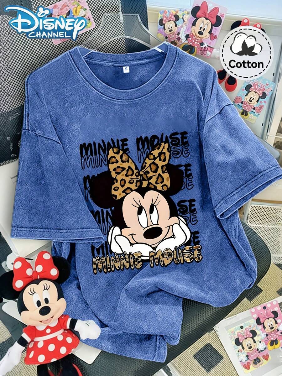 (Authorized By Disney) Leopard Bow Minnie Printed T-Shirt, Minnie+MINNIE MOUSE Leopard Print Slogan, Minnie Leopard Print Short Sleeve, Women's Round Neck Short Sleeve Shirt, Casual Retro Women's Blouse, The Fabric Is Soft, Comfortable And Breathable, Suitable For Daily Wear, Shopping, Travel, Parties And Home Use. It Is Also Suitable As A Beautiful Gift. Every Woman Should Have One. - 藍色 - 查看 1