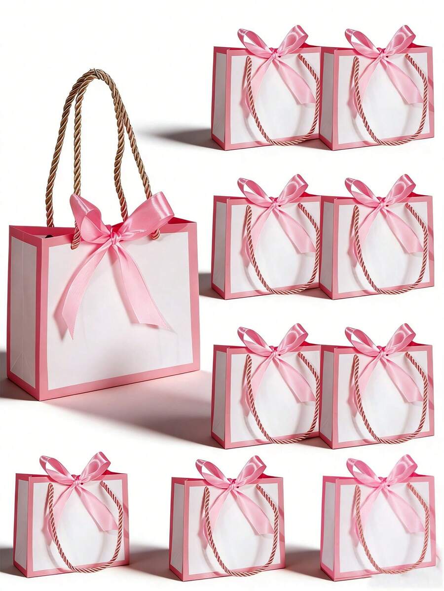 Set de 10 bolsas de regalo pequeñas con asas, bolsas mini blancas, tamaño 14x6.5x12 cm, bolsas de regalo pequeñas al por mayor con cintas, adecuadas para recuerdos de fiestas, Día de la Madre, recuerdos, bodas, baby showers (blanco y rosa) - Bordes rosas + cinta de abanico - Ver 1