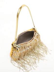 1pc Gold Sequin Blingy Metallic PVC Sequin Tassel Underarm Bag, Personalized Baguette Bag Suitable For Socialite Party And Banquet Atmosphere - Gold - View 7