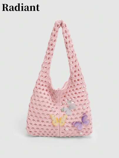 Openwork Crocheted Beach Bag, Adorned With Butterflies And Pearls, A New Summer Style Casual And Fashionable Beach Vacation Handbag, Large Capacity Women's Shoulder Shopping Tote Bag.