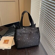 Nouveau sac à bandoulière en tissu imprimé étoiles à la mode, ouverture à fermeture éclair, sac carré doux et léger de petite capacité minimaliste et décontracté - Noir - Voir 8