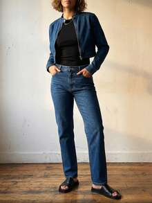 Women's Stretch Denim Jacket Short Length - Cropped Casual Jean Jacket With Zipper Front & Long Sleeves For Layering (Comfortable Fit) - Dark Wash - View 4