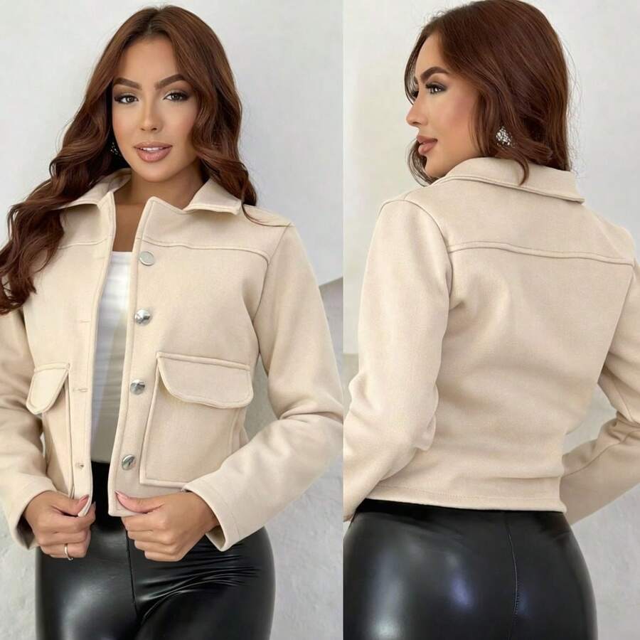 Structured Jacket With Buttons, Faux Pockets, Wool Fabric, Winter Fashion, Parties, Saint John's Day, Office - 米色 - 查看 1